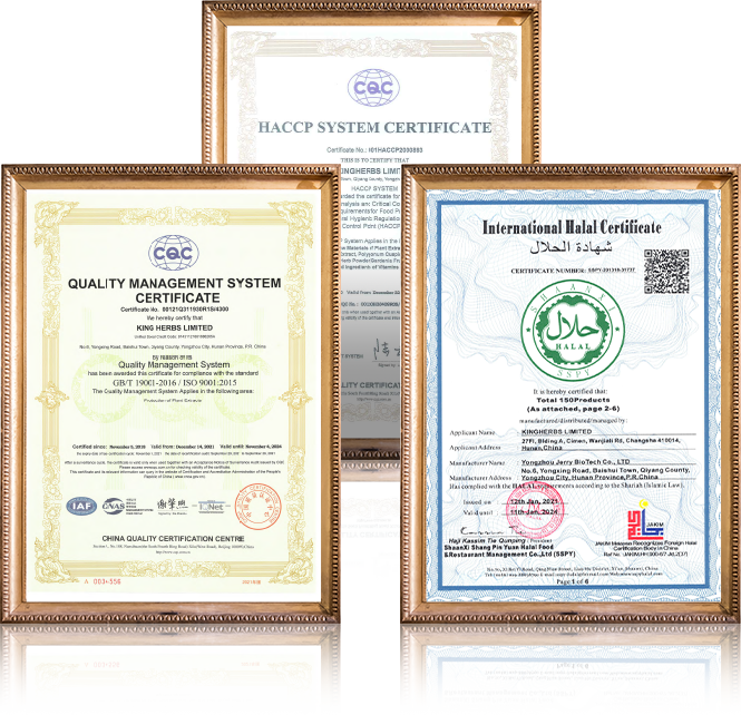 Kingherbs Limited の国際認証は、植物およびハーブ抽出物の品質への取り組みを示しています。